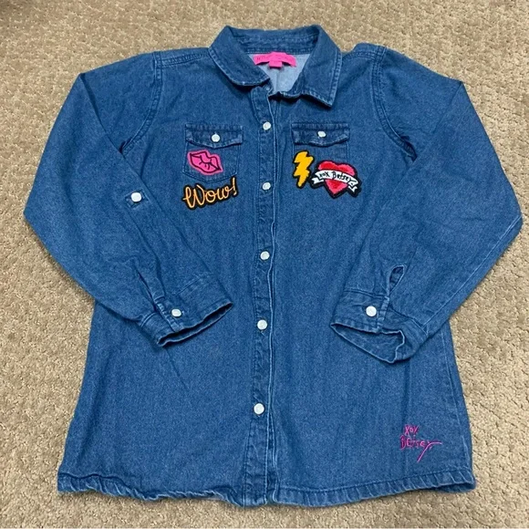 🏷️ Betsey Johnson Denim Patches Button Down Shirt 10 - Picture 1 of 7